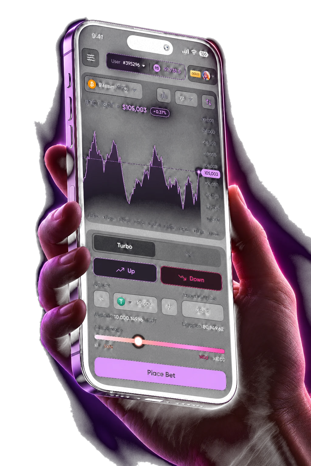 1000x on mobile — an Up/Down call on the live BTC/USDT index with the payout multiplier set to ×1000