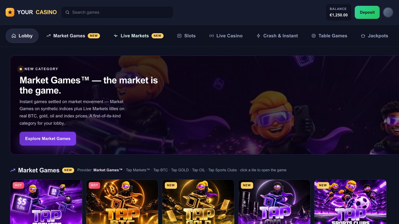 Mock casino lobby — home view with Market Games and Live Markets rows