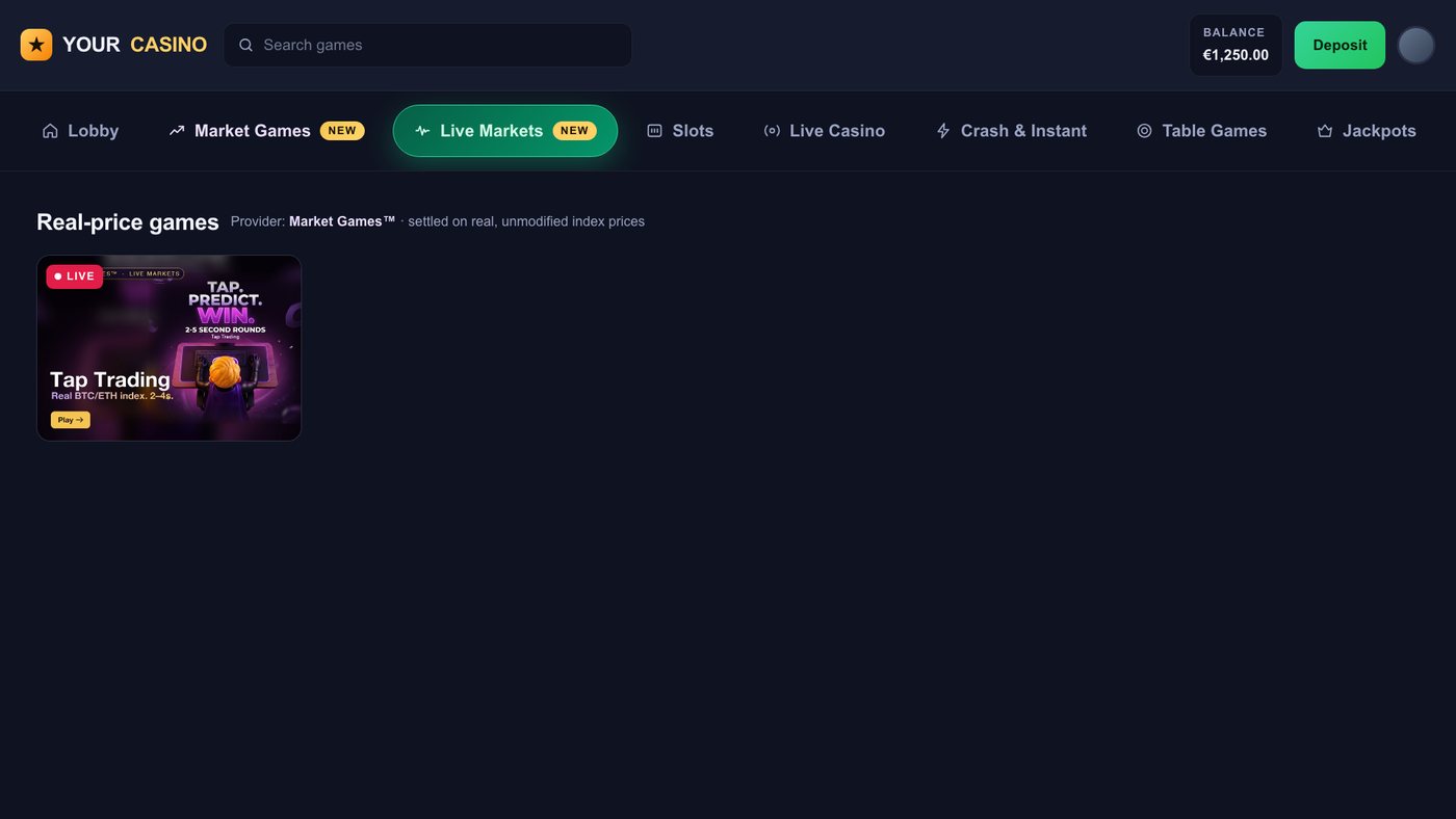 Mock casino lobby — Live Markets tab with Tap Trading