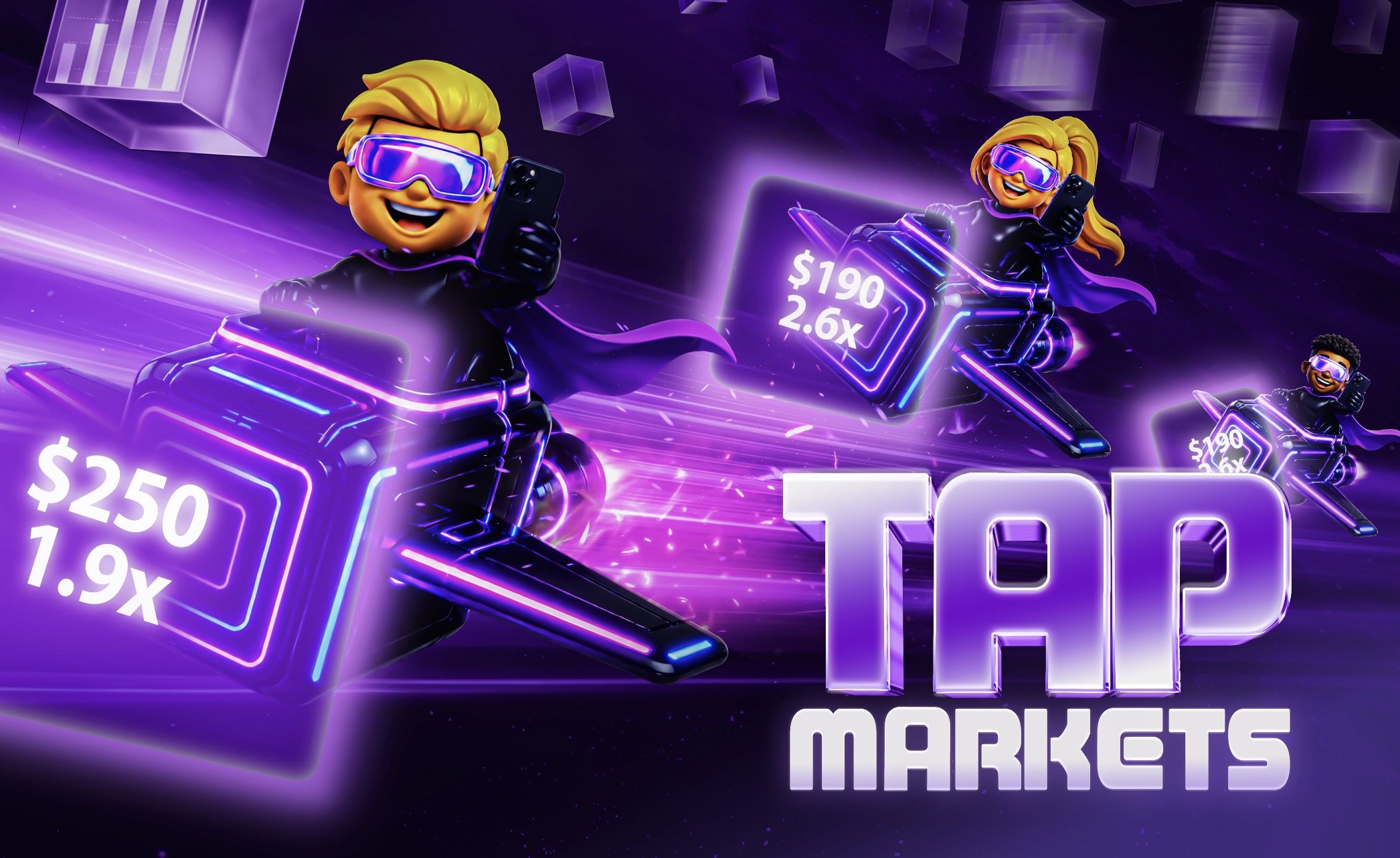 Tap Markets™ key art — Market Games characters riding neon multiplier boxes