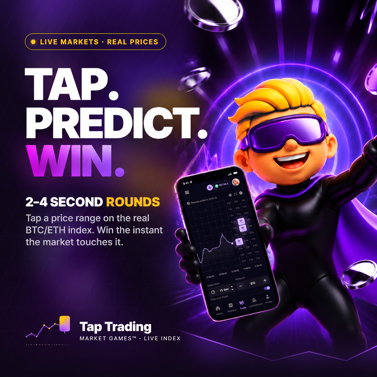 Tap trading on live crypto prices — Tap Trading key art: Tap. Predict. Win.